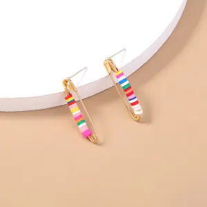 Colorful polymer clay safety pin stud earrings, trendy gold metal bohemian fashion jewelry.