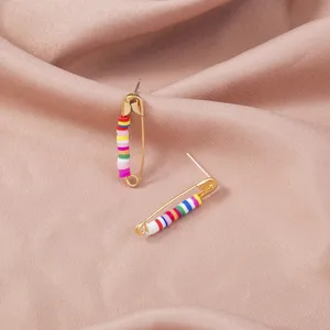 Bohemian style metal safety pin stud earrings with colorful polymer clay beads for women fashion.