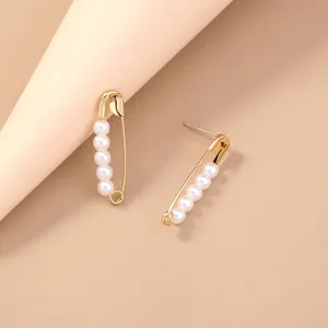 Pearl safety pin stud earrings gold metal fashion jewelry accessory for women daily wear