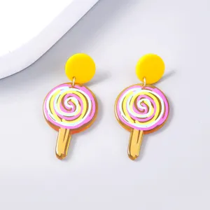 Cute lollipop acrylic dangle earrings in vibrant pink and yellow colors for daily wear.