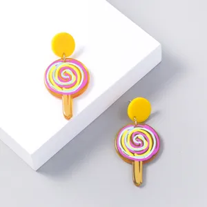 Colorful acrylic lollipop drop earrings with yellow stud, playful candy style fashion jewelry.