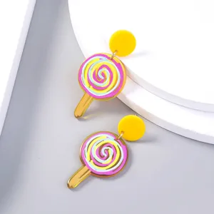 Colorful lollipop acrylic drop earrings for women, playful candy design fashion jewelry.