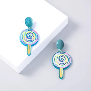 Colorful acrylic lollipop drop earrings detail view, cute candy design fashion jewelry.