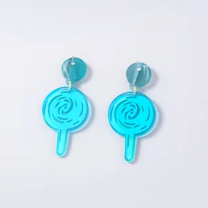 Blue acrylic lollipop earrings detail, translucent candy drop dangle earrings for women fashion.