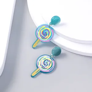 Detailed view of colorful lollipop acrylic stud earrings, showing exquisite spiral pattern.