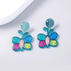 Colorful acrylic butterfly earrings with vibrant swirl details, stylish resin stud earrings.
