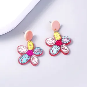 Colorful acrylic flower dangle earrings with sweet cartoon swirl petals and pink studs.