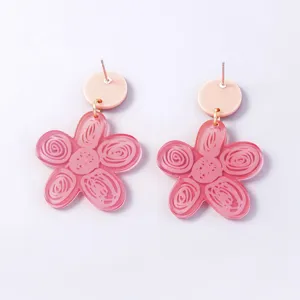 Pink acrylic flower drop earrings, cute resin floral stud earrings with metal connector details.