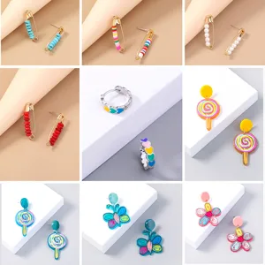 Bohemian Metal Safety Pin Earrings Colorful Polymer Clay Beads Artificial Pearl Geometric Stud Earrings Trendy Women Jewelry