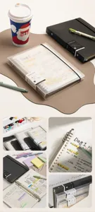 Close-up details of clear and black loose-leaf binder notebooks with lined pages and notes.