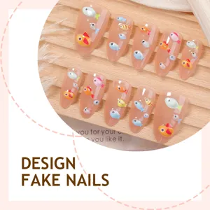 Cute almond false nails with colorful fish design, sweet and stylish fake nails set for daily wear.