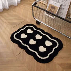 Black And White Flocked Area Rug Wave Edge Non Slip Bedside Mat Modern Minimalist Floor Mat For Bedroom Living Room