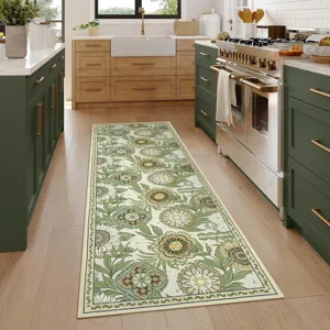 Vintage botanical floral kitchen runner rug, non-slip absorbent floor mat for home decor.