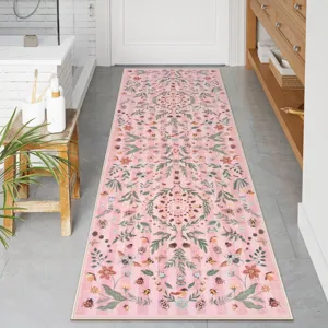 Pink vintage floral runner rug for kitchen hallway anti-slip absorbent aesthetic mat