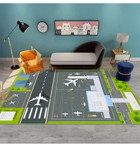 Détail du tapis de jeu thématique aéroport pour enfants, montrant clairement les pistes et avions.