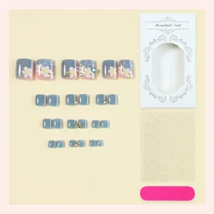 Set de uñas postizas de pies de verano con diseño de pedrería floral, 24 piezas uñas postizas.