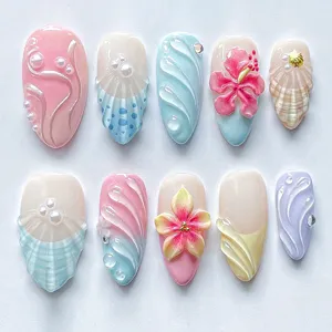 3D Bloemen Kunstnagels Kort Amandelvorm Gradiënt Parel Handgemaakte Hars Fake Nagel Set Dames Nail Art Decoratie
