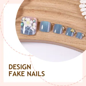 Uñas postizas de verano para los dedos de los pies azules ojo de gato florales 24 pzas