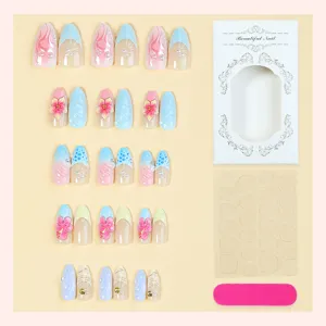 30 stuks lente zomer nepnagels korte amandel met 3D bloemen en lijm tabbladen detail