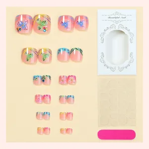 24pcs summer false toenails short press on nails with floral rhinestone and french tips kit
