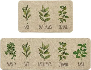 Kitchen mat set featuring botanical prints, absorbent and oil-proof rug for home use.