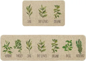 Botanical herb kitchen mat set, absorbent non-slip floor carpet for home entryway decor.