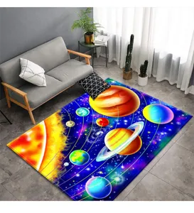 3D space solar system living room rug, vibrant universe planet carpet wonderful detail view.