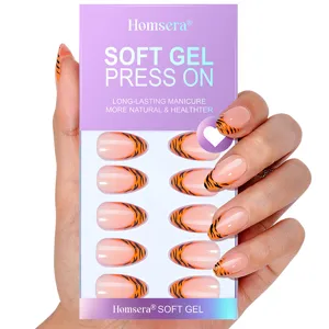 Leopard Print French Almond Press On Nails Short Almond Leopard Tiger Pattern False Nails Soft Gel Manicure Kit For Women