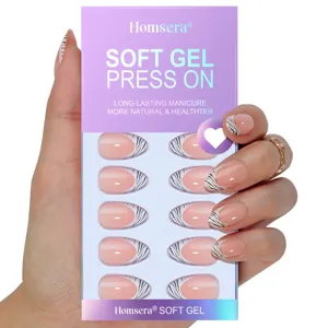 French Zebra Pattern Short Almond Press-on Nails Soft Gel False Nails For Women Daily Fashion Manicure Accessories With Jelly Adhesive Tabs