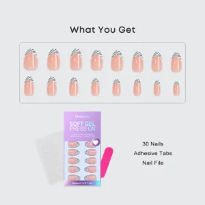 Almond French zebra press-on fake nails kit with 30 pieces, adhesive tabs and a nail file.