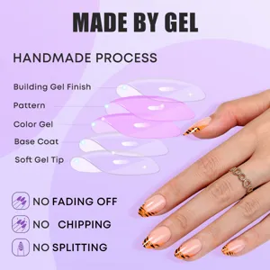 Handmade press-on nails detail showcasing the layered structure and French tiger print design.