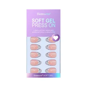 Short press on nails almond French style soft gel false nail set 32 pieces for women