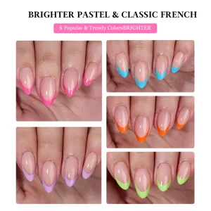 Short almond press-on nails with colorful French tips, vibrant pastel style manicure set for daily wear.