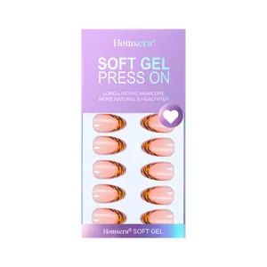 Homsera soft gel press on nails short almond french tiger print false nail set 32pcs