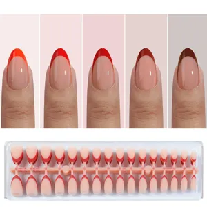 Short almond press-on nails set, elegant French tip fake nail patches for daily wear.
