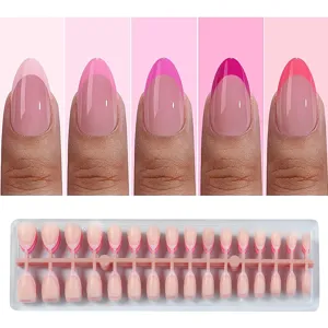 Close-up detail of short almond press-on nails with pink french tip design, smooth finish.