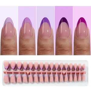Short almond press-on nails French gradient purple fake nail tips set for daily manicure use