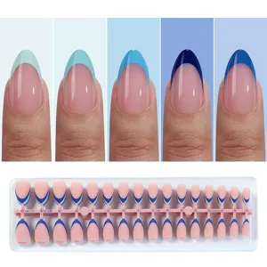 Short almond press-on nails set with elegant blue French tip design for women style.