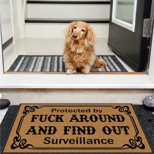 Detailed view of entrance anti-slip doormat with funny text print, durable porch mat.