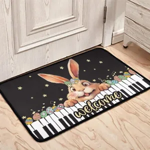 Easter rabbit doormat detail view, featuring cute bunny and piano keys pattern for home decor.
