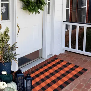 Orange black buffalo plaid doormat non-slip floor mat for front door porch decor entry rug