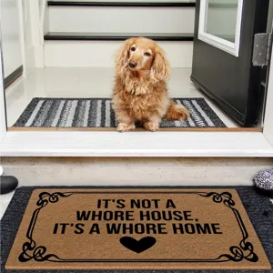 Coir doormat detail view featuring funny printed text and non-slip backing for entryway use.