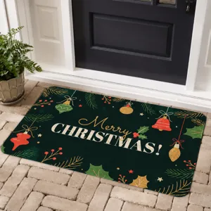 Christmas doormat detail view, festive dark green holiday welcome mat for porch decoration.
