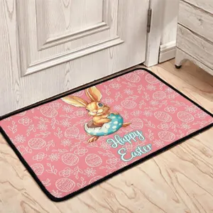 Cute Easter bunny doormat with pink egg floral print, thick anti-slip floor mat for home porch.
