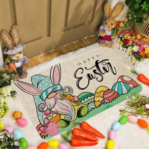 Easter gnome doormat detail view, featuring cute rabbit and colorful egg print, soft surface.