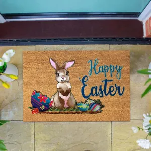 Easter bunny and eggs printed doormat, non-slip coir floor mat for entryway front door.