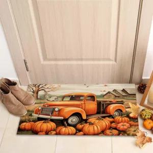 Thanksgiving autumn harvest truck pumpkin doormat, non-slip rustic holiday entrance floor rug.