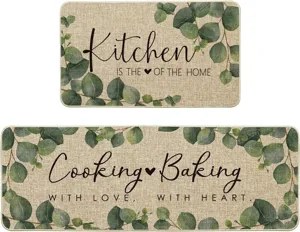 Kitchen mat detail view, eucalyptus leaves pattern, absorbent runner rug for home.