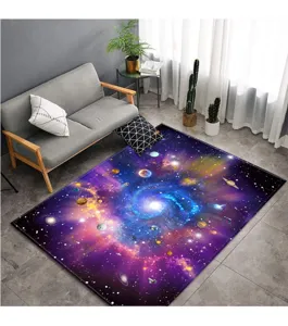 Detailed view of 3D galaxy star universe print living room area rug with vivid space decor.