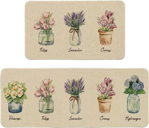 Watercolor floral kitchen mat set absorbent non-slip floor rug for home entry door decoration
